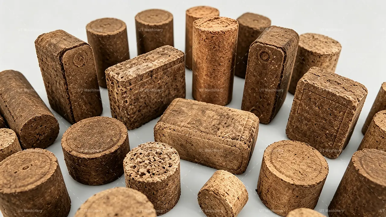 Amostras de briquetes de biomassa de alta densidade em diversos formatos e tamanhos