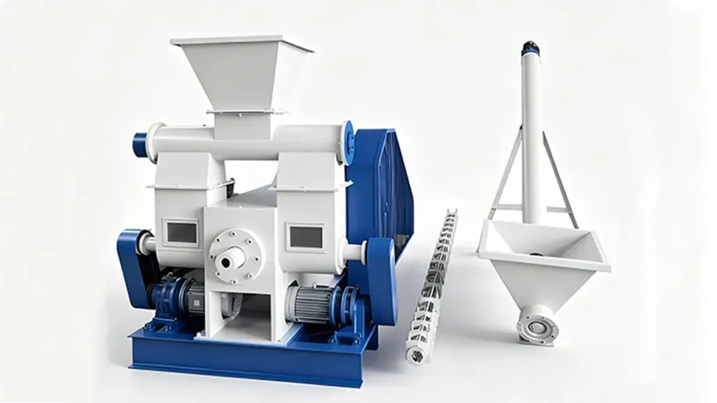 Sistema industrial de prensa briquetadeira mecânica de biomassa para serviço pesado, com moldagem por compressão de alta pressão para produção constante de briquetes de combustível de alta densidade.