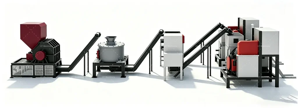 Renderização 3D de uma linha integrada de reciclagem de metais mostrando o triturador monoeixo, a centrifugadora desoleadora e a prensa briquetadeira conectadas por esteiras transportadoras.