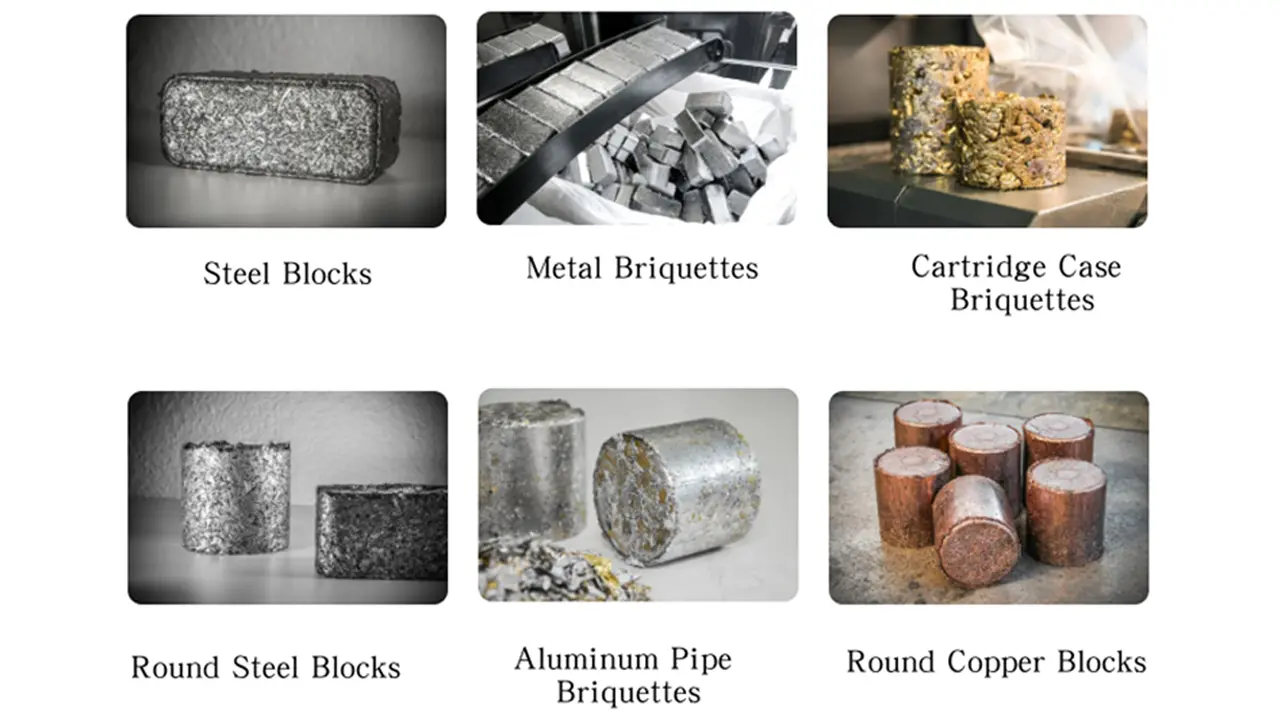 Diversos tipos de briquetes metálicos, incluindo aço, cobre, alumínio e tubos de metal.