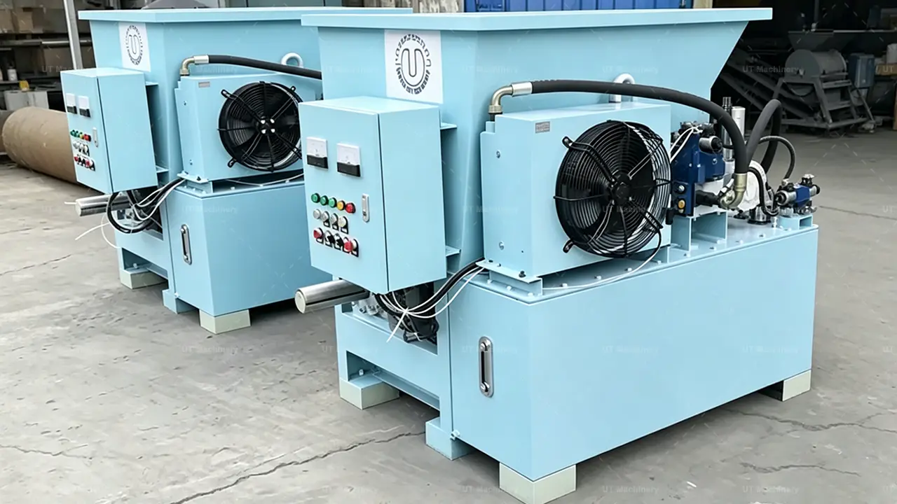 Vista traseira da prensa de briquetes de biomassa mostrando o ventilador de resfriamento industrial e o conjunto do motor hidráulico.