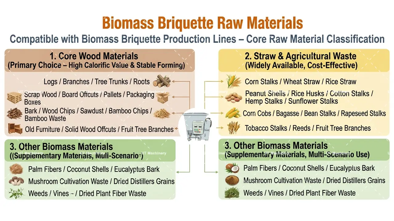 Gráfico que mostra as matérias-primas de biomassa compatíveis, incluindo resíduos de madeira, casca de arroz e caules agrícolas.
