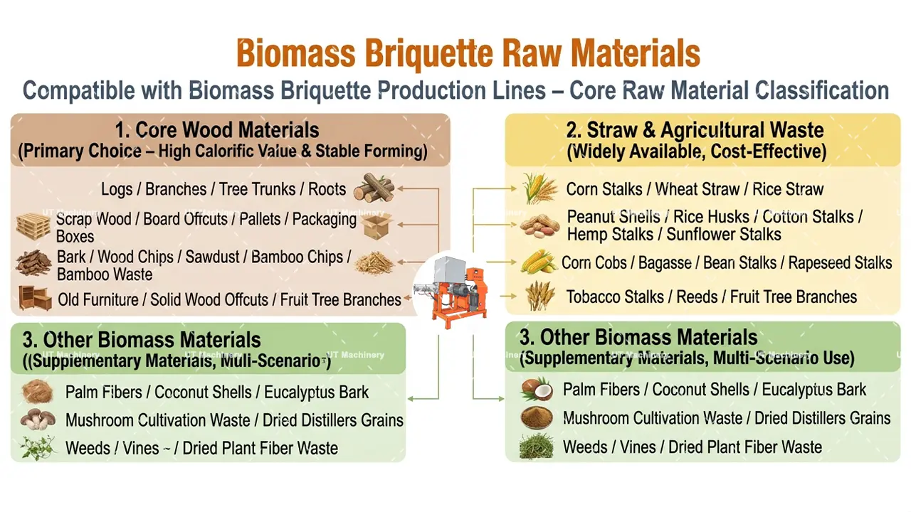 Classificação de matérias-primas para briquetes de biomassa da UT Machinery, incluindo madeira, palha e resíduos agrícolas.