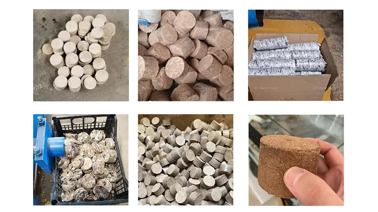 Uma coleção de briquetes de combustível de biomasa cilíndricos de alta densidade feitos de serragem, palha agrícola e resíduos de papel.