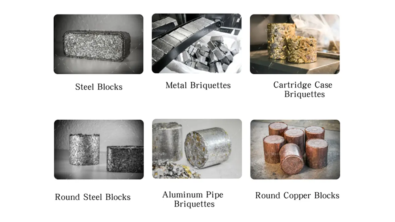 Coleção de briquetes reciclados de alto valor, incluindo blocos de aço, cartuchos de munição e blocos redondos de cobre feitos de resíduos industriais e escória metalúrgica.