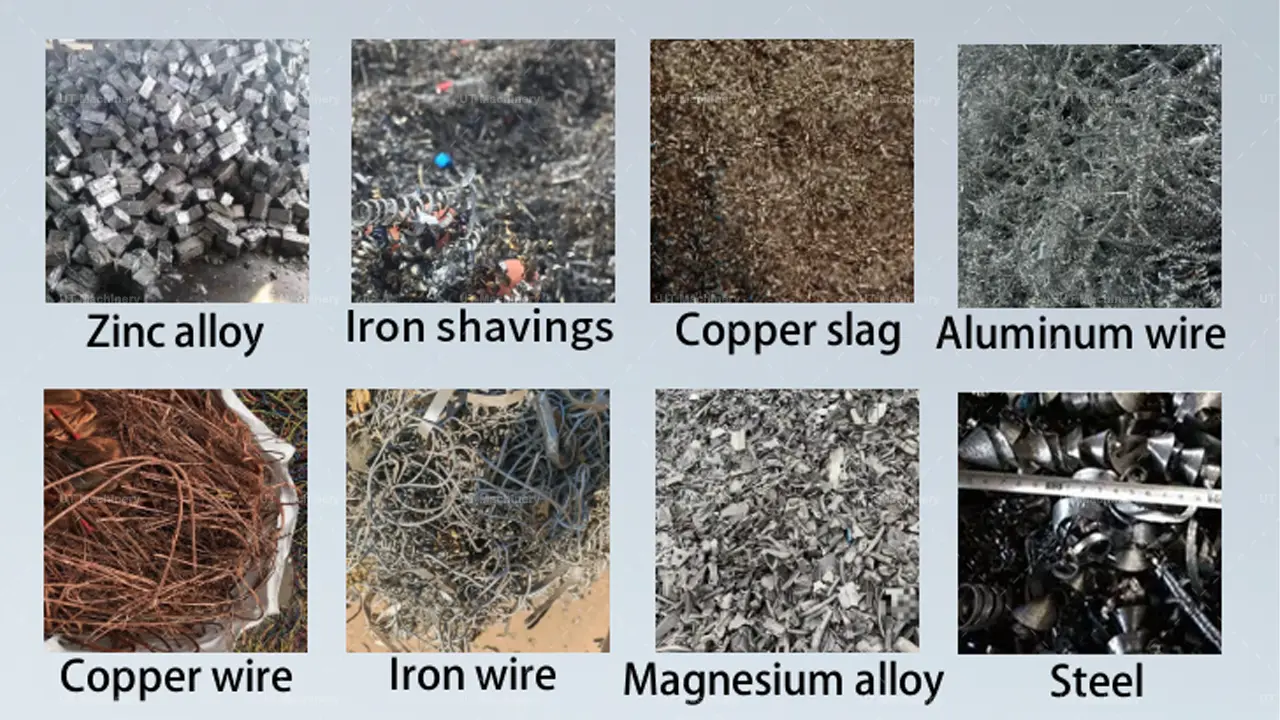 Diferentes tipos de resíduos de sucata de usinagem industrial de metais ferrosos e não ferrosos, incluindo cavacos de aço, limalhas de ferro, fio de cobre e lascas de liga de zinco.