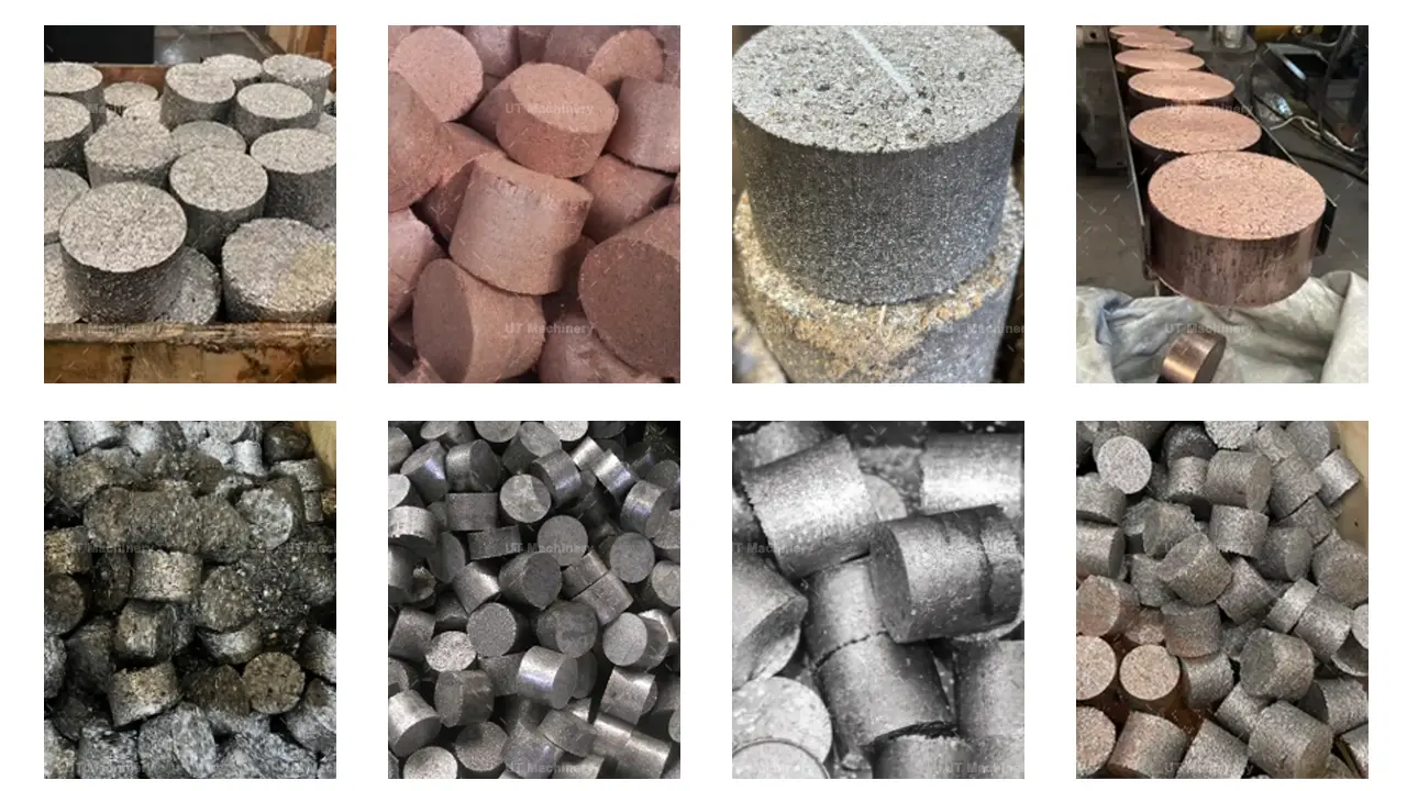 Várias amostras de briquetes de sucata metálica de alta densidade, incluindo blocos cilíndricos prensados a frio de aço, ferro fundido, cobre e alumínio.