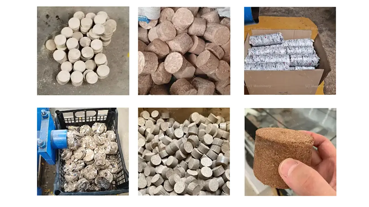 Amostras de briquetes sólidos de alta densidade de 50 mm e lenhas ecológicas produzidas por uma prensa mecânica por impacto.