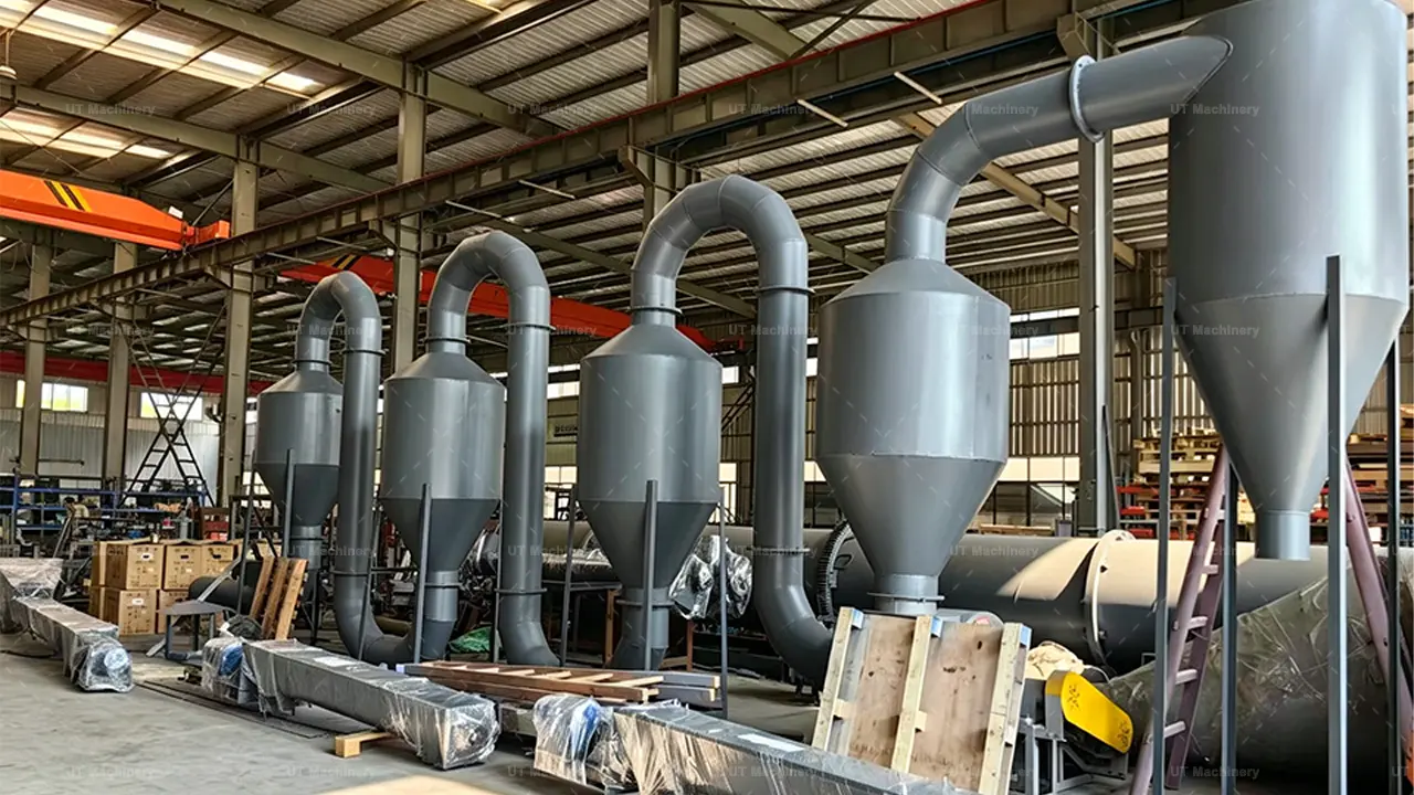 Sistema completo de secagem de biomassa industrial com múltiplos ciclones no galpão da UT Machinery