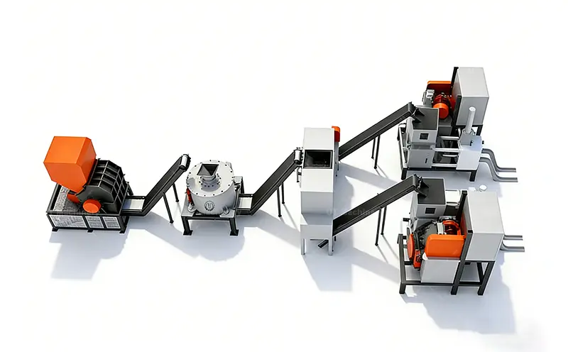 Renderização 3D de uma linha automática completa de reciclaje de cavacos de cobre com esteira transportadora, triturador e prensa briquetadeira.