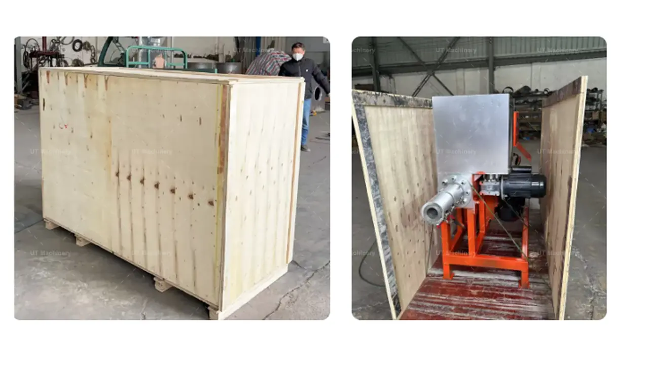 Prensa de briquetes por impacto da UT Machinery embalada em uma caixa de madeira resistente para exportação internacional.
