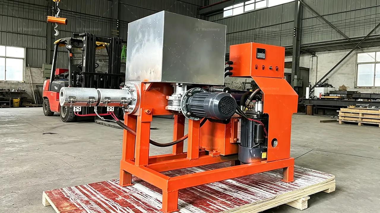 Prensa industrial de briquetes de serragem pronta para o envio no galpão da fábrica da UT Machinery.