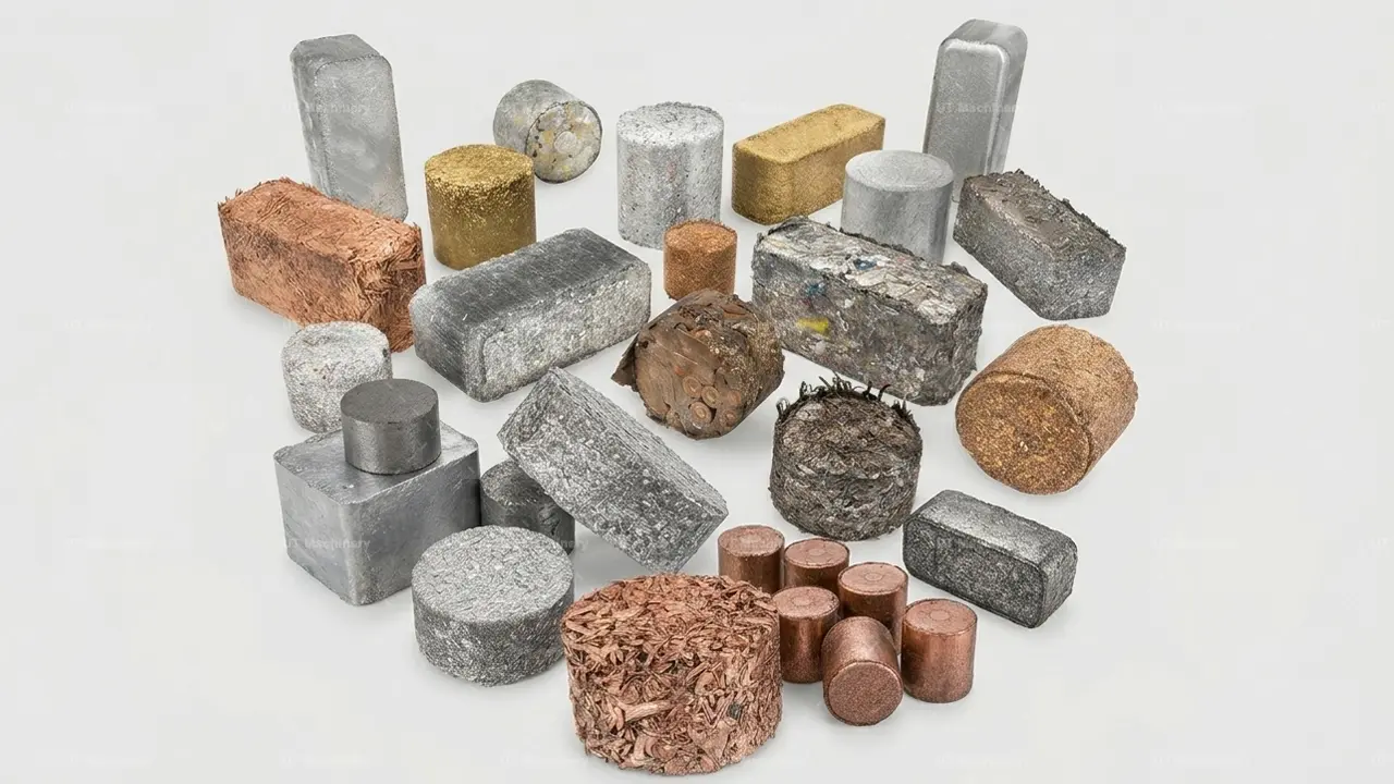 Mostruário de briquetes de metal de alta densidade (alumínio, aço, cobre) produzidos pela prensa briquetadeira hidráulica da UT Machinery