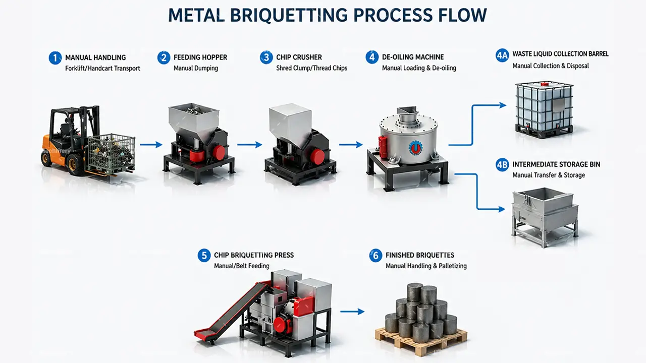 Diagrama passo a passo do fluxo do processo de briquetagem de metal em 6 etapas da UT Machinery, desde o manuseio manual até os briquetes acabados