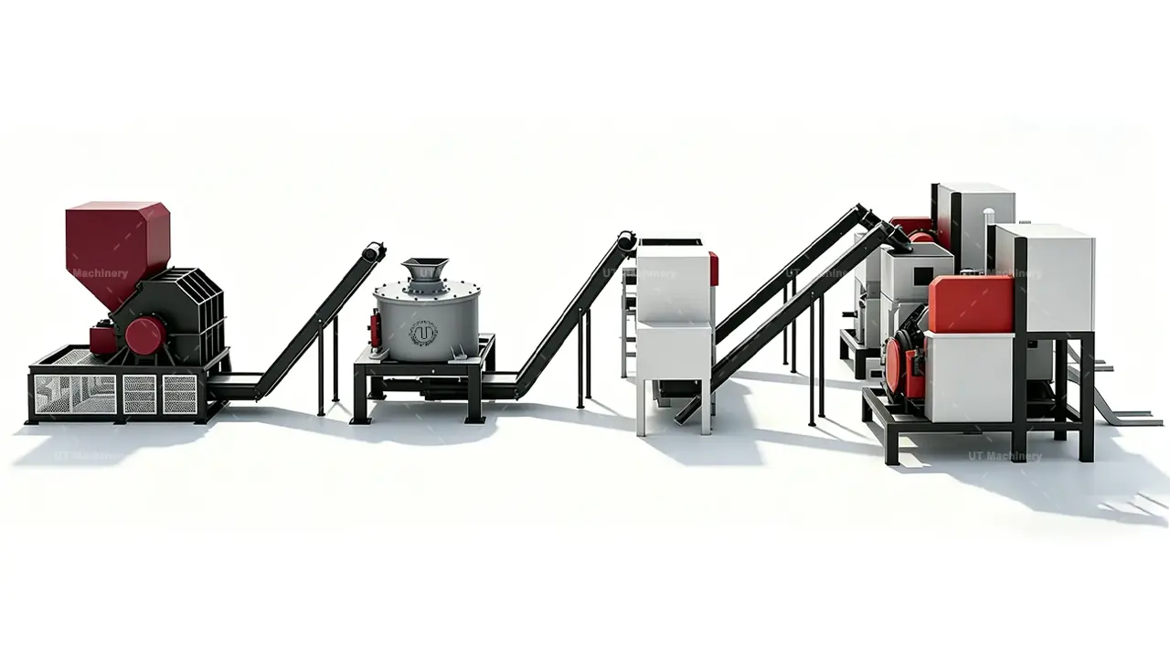 Desenho em vista lateral da linha de prensa briquetadeira de metal totalmente automática da UT Machinery para recuperação de cavacos oleosos