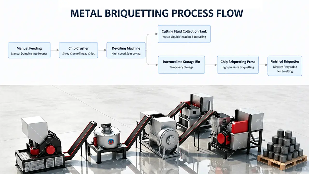 Vista em perspectiva do sistema de briquetagem de metal da UT Machinery com componentes identificados: triturador de cavacos, máquina de desengraxe e prensa briquetadeira