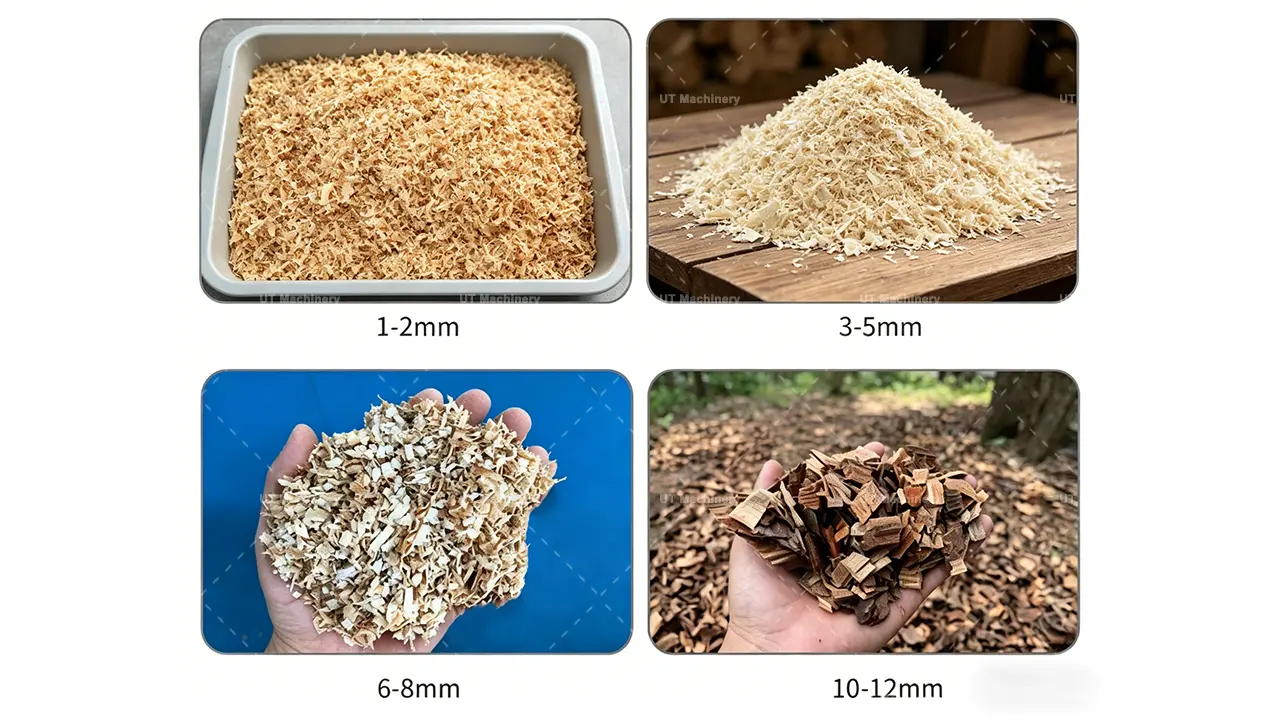 Comparação de tamanhos de partículas de serragem produzidas pelo triturador de madeira UT: 1-2 mm, 3-5 mm, 6-8 mm e 10-12 mm