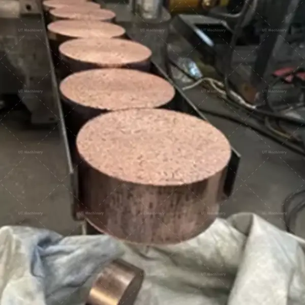 Briquetes circulares de cavacos de latão de alta densidade organizados linearmente na calha do transportador de descarga de uma prensa de briquetes.