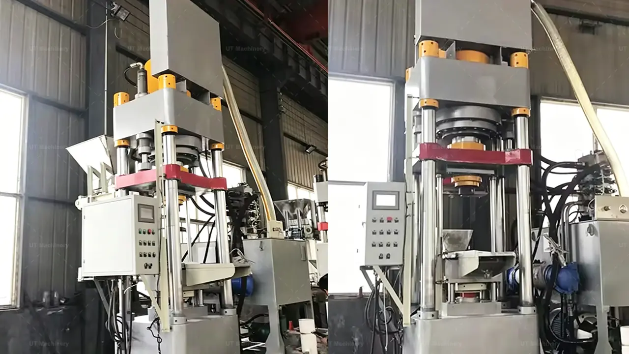 Prensa vertical industrial de cavacos de latão com painel de controle PLC automático instalada em uma oficina de usinagem CNC.