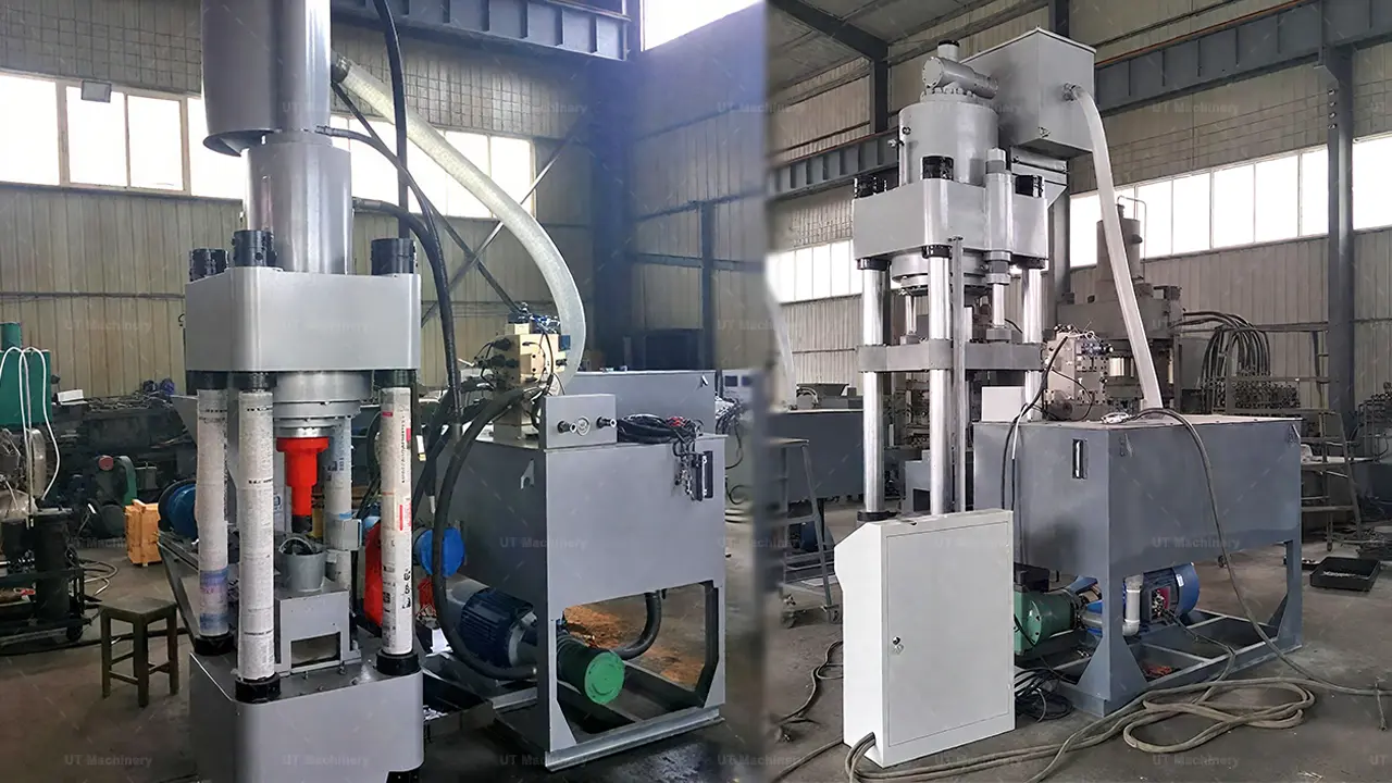 Sistema de prensa hidráulica vertical de alta resistência para briquetes de latão, integrado com uma estação de óleo independente e sistema de drenagem de fluido refrigerante.